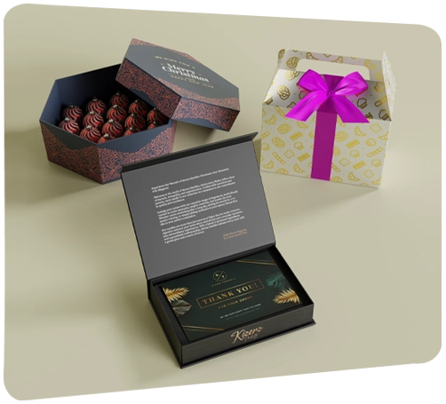High-end custom gift boxes for chocolates and luxury items, showcasing unique shapes, elegant designs, and premium materials.