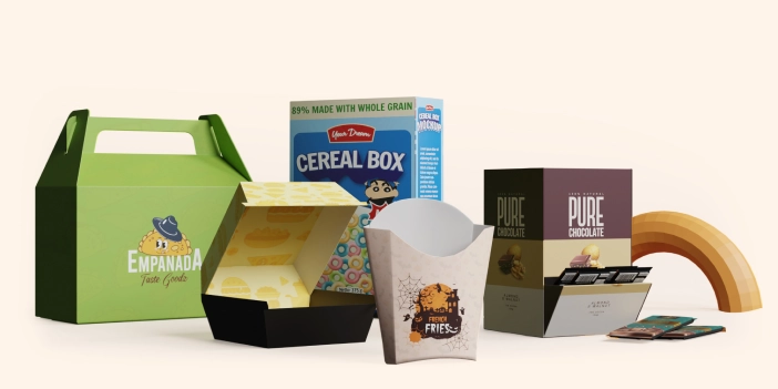 Various custom food packaging boxes, including empanada, cereal, chocolate, and fries boxes