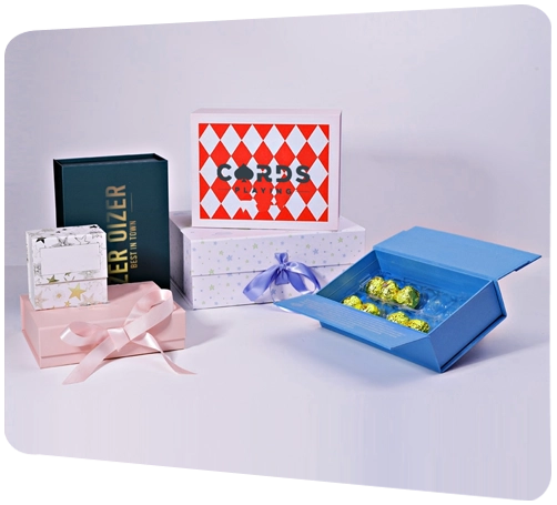 Assorted high-end gift boxes, featuring magnetic lids, ribbons, and decorative prints for special occasions.