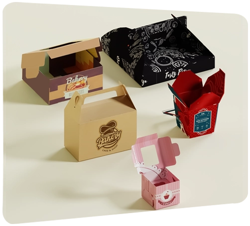 Various custom food packaging boxes in different shapes and designs.