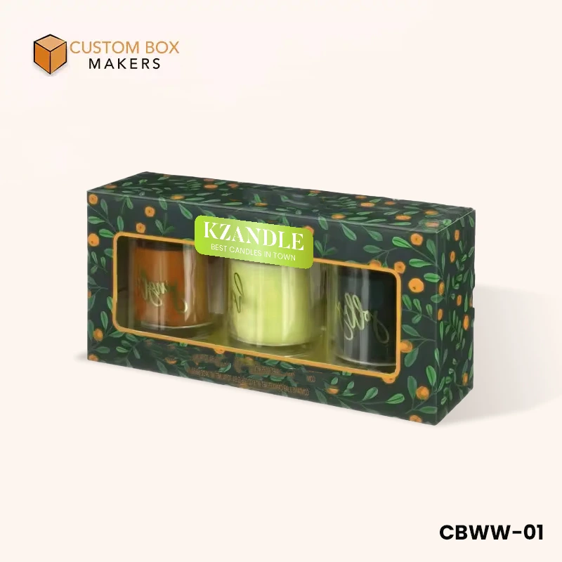 Green patterned candle box with window, showcasing three colored candles